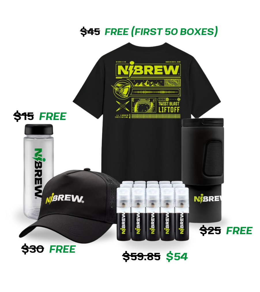 Nibrew branded limited edition T-shirt, clear bottle, coffee tumbler, baseball cap and 15pk Nitro Cold Brew Bundle.
